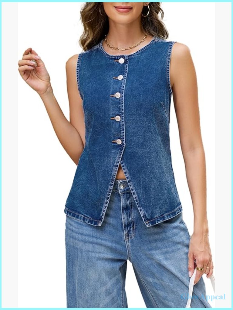 Sleeveless Denim Long Vest Button Down Jean Waistcoat